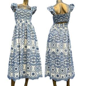 ZARA Blue White Embroidered floral eyelet Cotton Midi Dress Smocked Open Back M